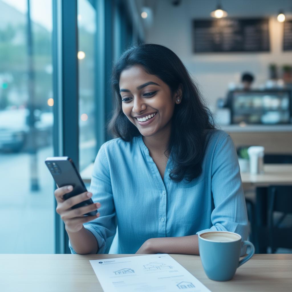 Smiling young Canadian woman discovering her dream home on the Ohmer app