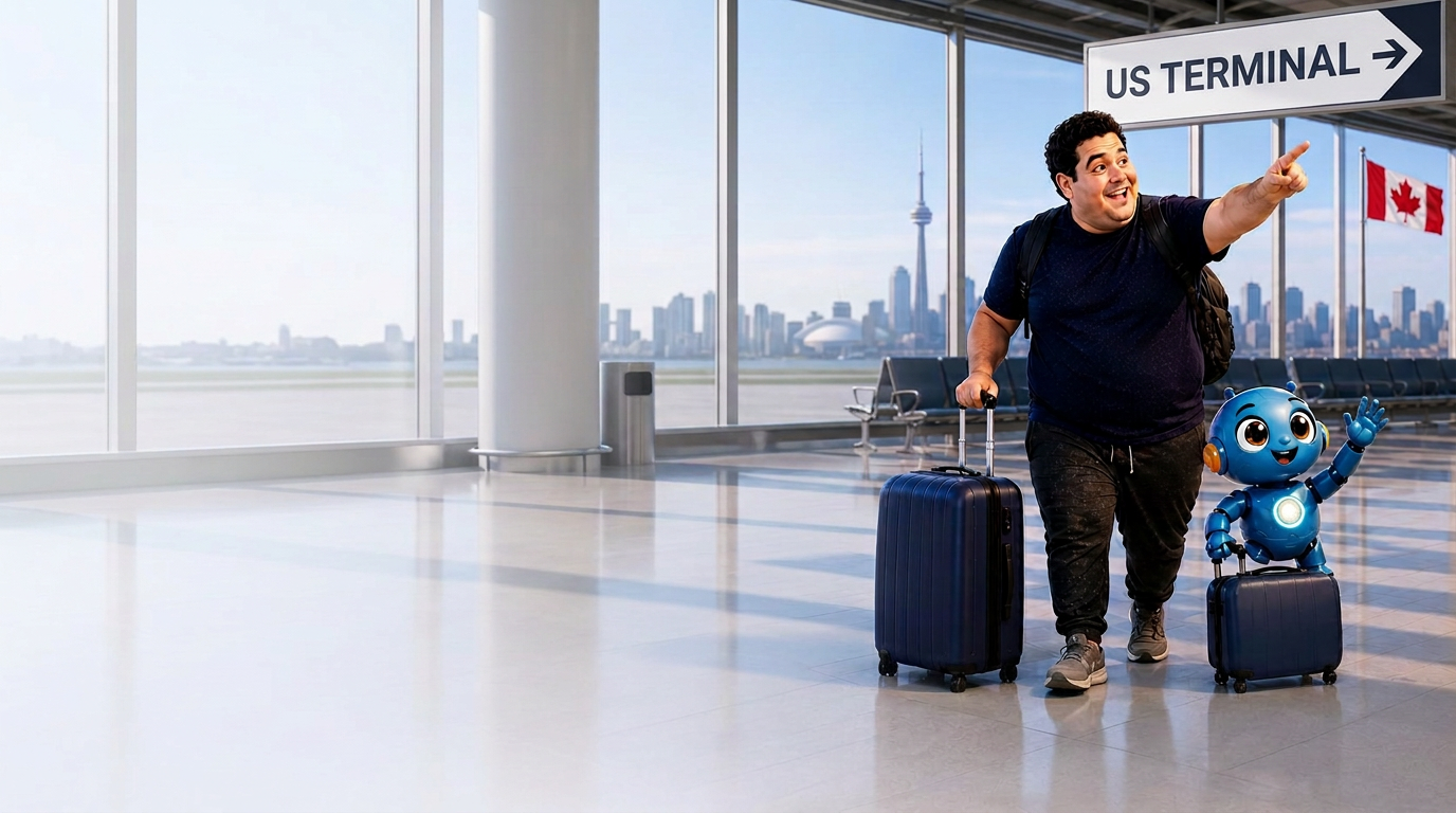 A Canadian traveler and Ohmi beneath a US Terminal sign at an airport