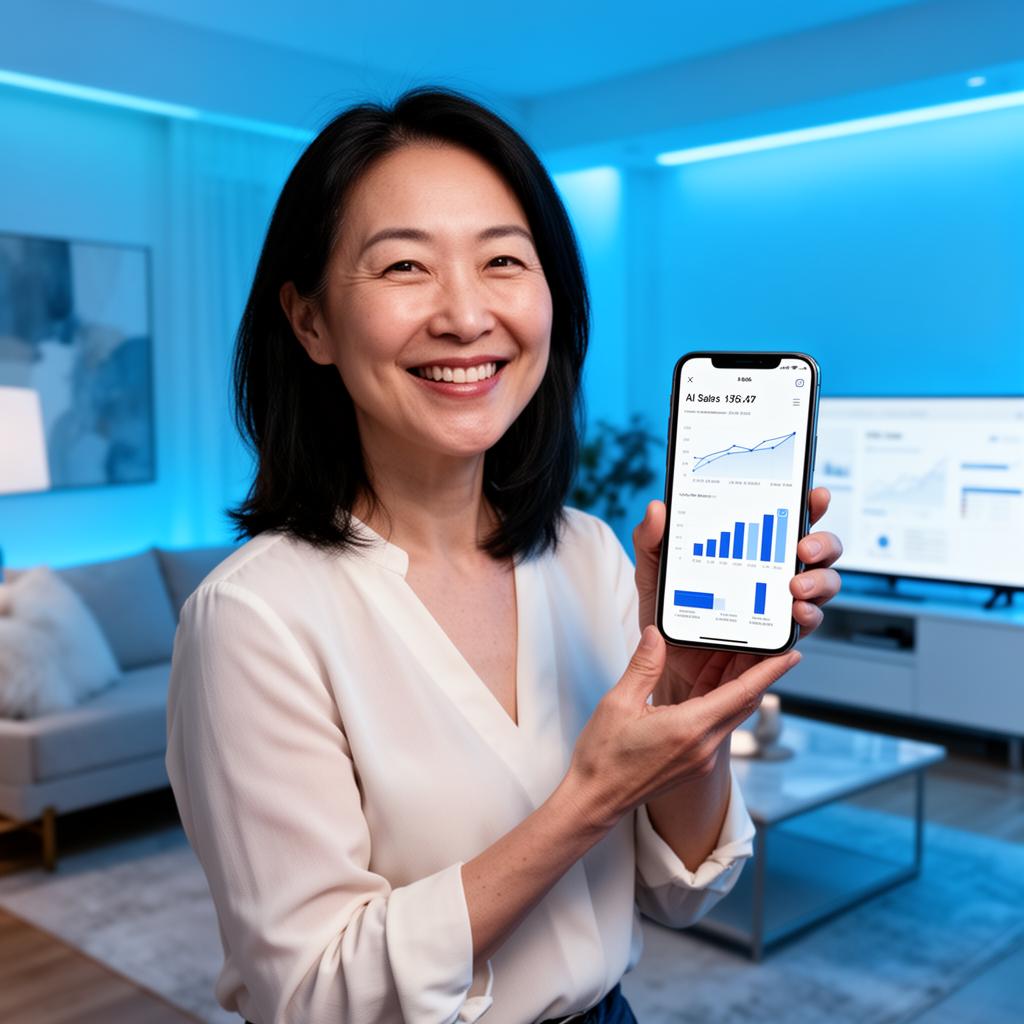 Happy Canadian seller reviewing AI sale insights on the Ohmer app